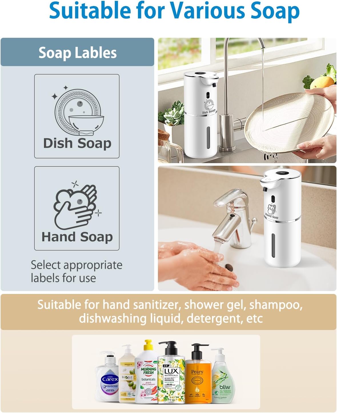 Automatic Liquid Soap Dispenser 12.8oz, Rechargeable & 6 Levels Soap Adjustable with Digital Display, Wall Mount, Waterproof, Touchless Hand/Dish Soap Dispenser for Kitchen, Bathroom, Hotel