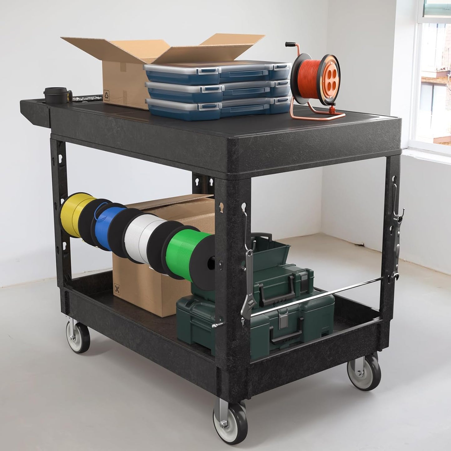 Heavy Duty Flat Top Utility Cart with Wheels 2-Tier Utility Plastic Service Work Cart for Shop, Garage, Warehouse, Maintenance 550 lbs