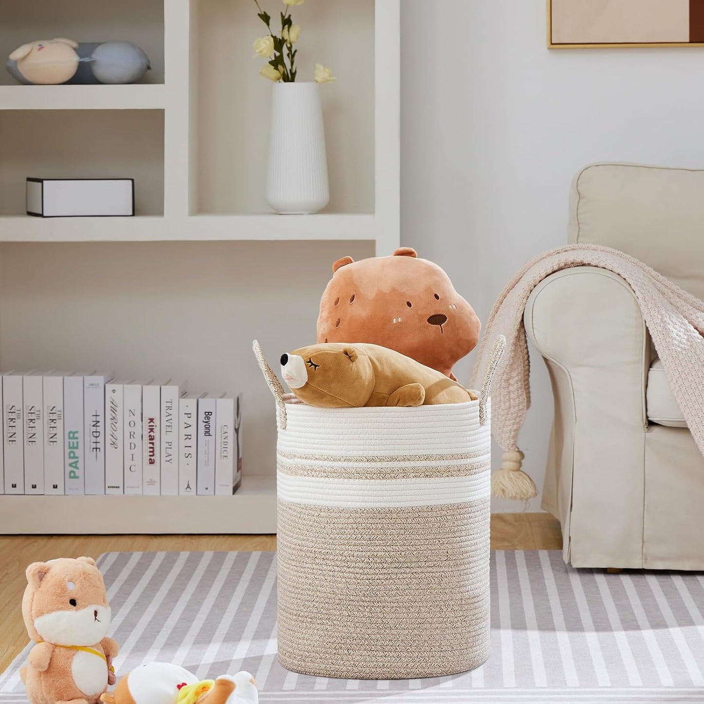 VIPOSCO Large Laundry Hamper, Tall Woven Rope Storage Basket for Blanket, Toys, Dirty Clothes in Living Room, Bathroom, Bedroom - 53L Brown & White