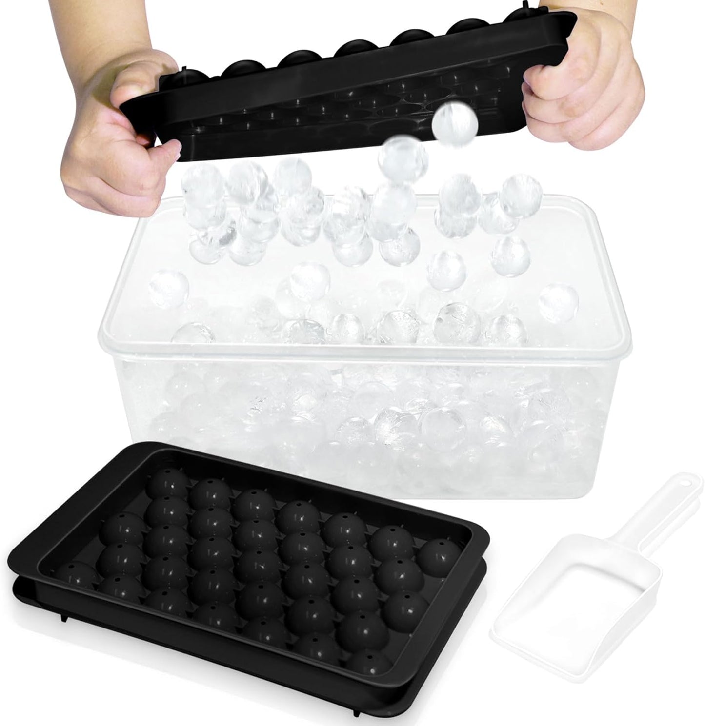 WIBIMEN Ice Cube Tray with Lid and Bin - Round Ice Trays for Freezer with Lid - Ice Cube Trays for Freezer with Ice Container (1"-2PACK Black)