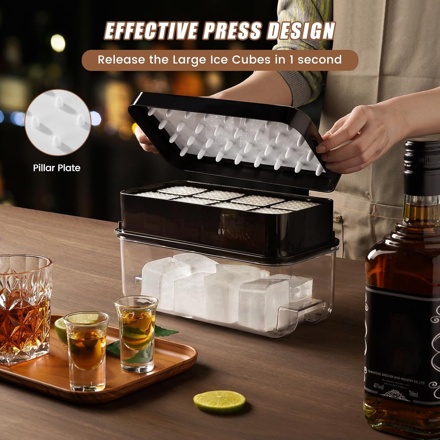 PHINOX Large Ice Cube Tray with Lid and Bin, Ice Trays for Freezer, 2 INCH Whiskey Ice Cubes Mold, 2*8 pcs Square Ice Cube Mold with Tong, Easy to Release, Large Ice Tray for Whiskey Cocktail Bourbon
