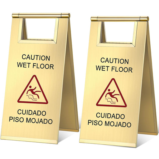 Kigley 2 Pcs Wet Floor Sign, 17 Inch Stainless Steel Caution Wet Floor Sign Double Sided Portable Foldable Bilingual Safety Warning for Hotel Market Restroom Restaurant Office (Gold)
