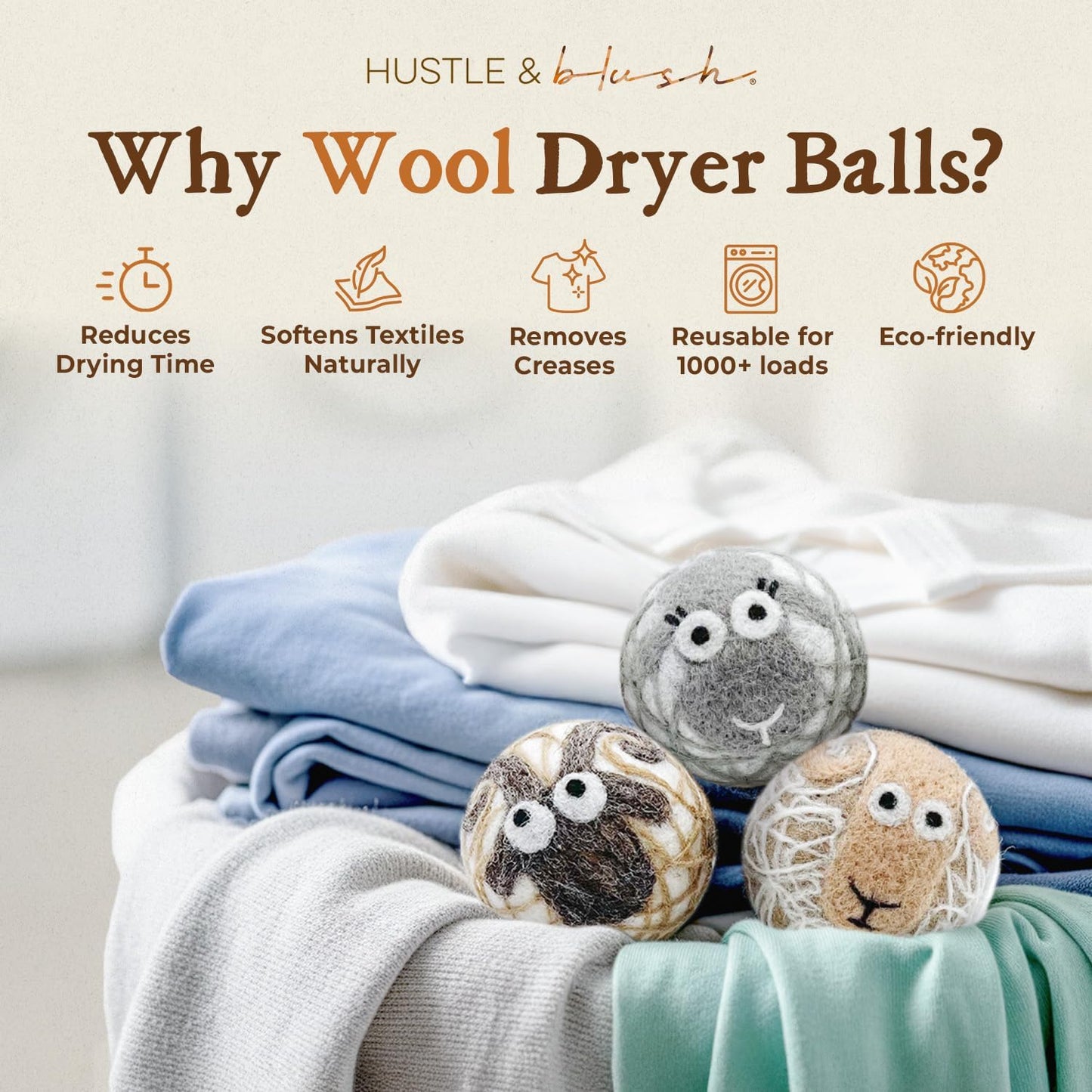 Fluff Ewes Wool Dryer Balls 3 Pack Premium New Zealand Wool Laundry Balls for Dryer, No Static Dryer Balls Laundry Reusable Cute - XL Wool Dryer Balls Cute, Baby Dryer Balls for Dryers - Lights