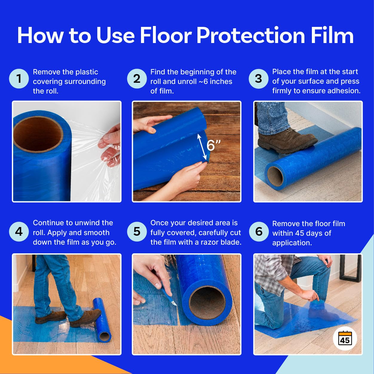 Floor Protection Film, 48" x 200', Made in USA, Blue Self Adhesive Floor Protector Tape for Moving, Painting and Construction, Temporary Covering to Shield Hardwood, Tile, Hard Surfaces