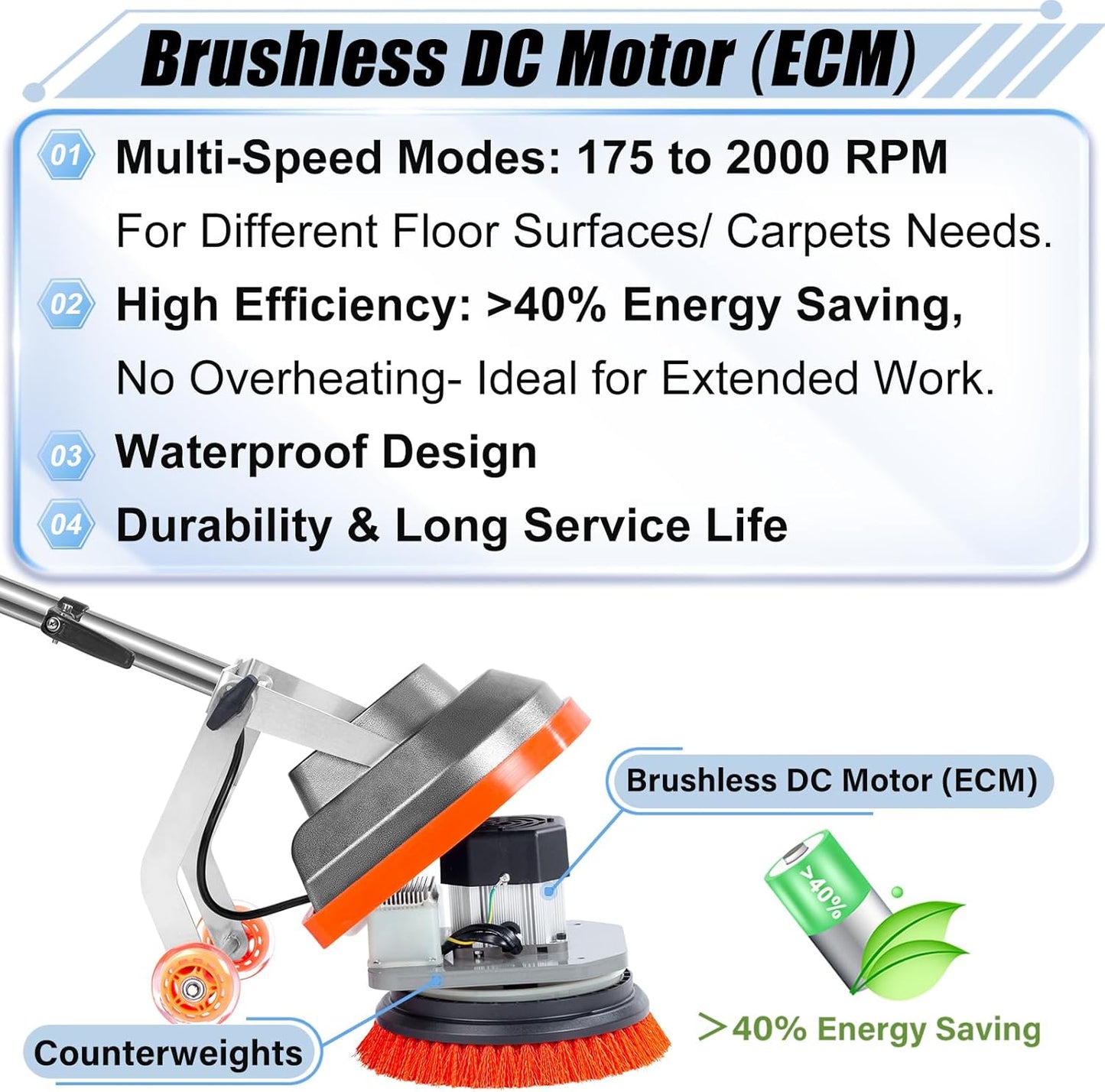 Commercial Floor Scrubber Machine with Brushes and Pads, Heavy Duty Floor Cleaner Polisher and Buffer- Deep Cleaning Tile and Grout, Hardwood Floors and Carpets without Getting on Hands and Knees