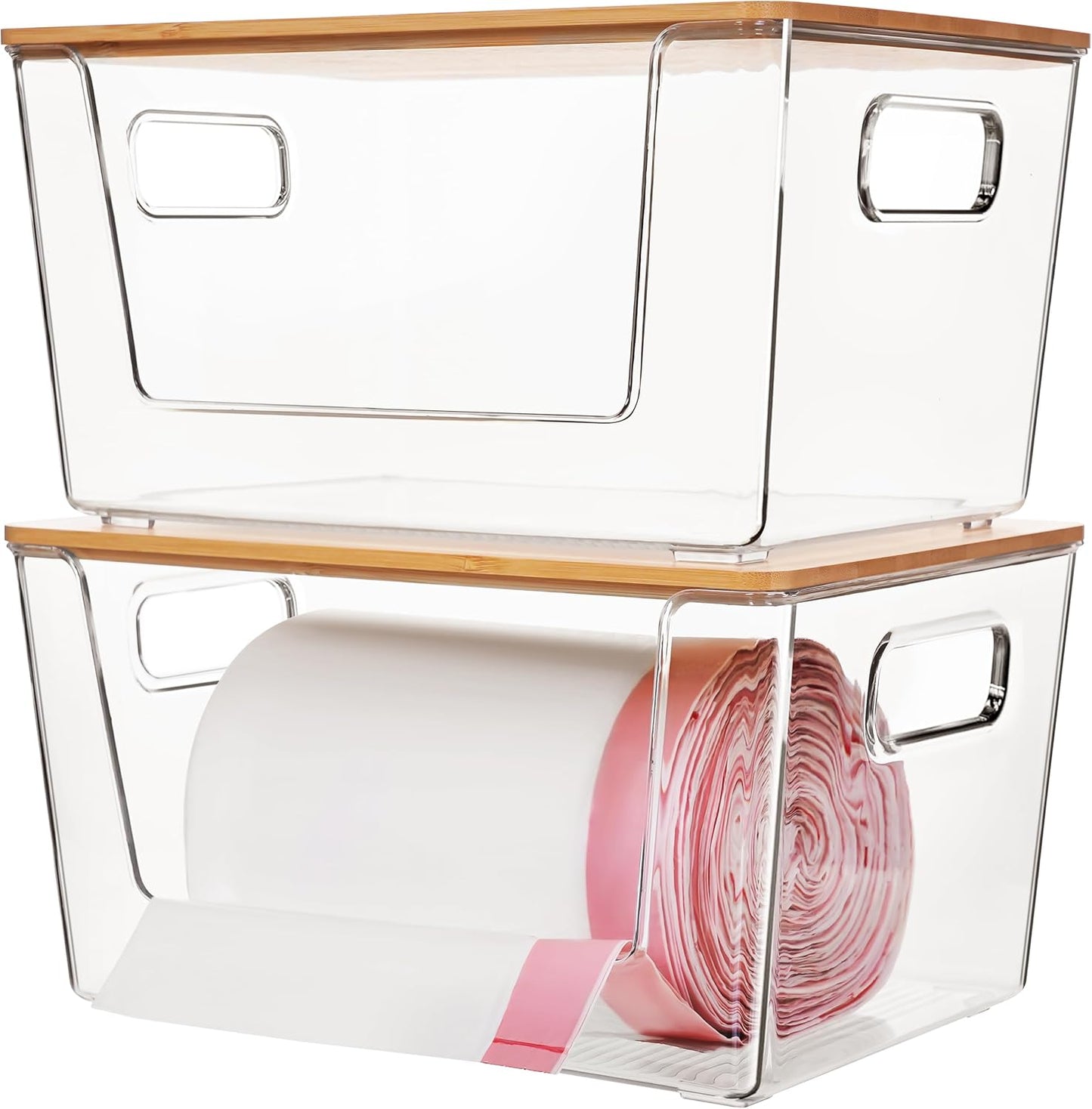 Citylife 2-Pack Extra Large Trash Bag Holders with Bamboo Tops and Handles, Laundry Room Organization and Storage for Home, Kitchen, Under-Sink Garbage Bag Dispenser