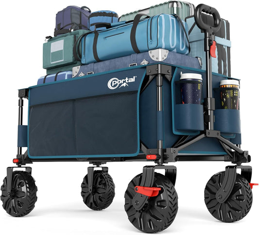 PORTAL Collapsible Wagon with Brakes, Heavy Duty Utility Cart with All-Terrain Wheels, Portable Folding Wagons for Camping, Beach, Garden, Shopping, and Groceries