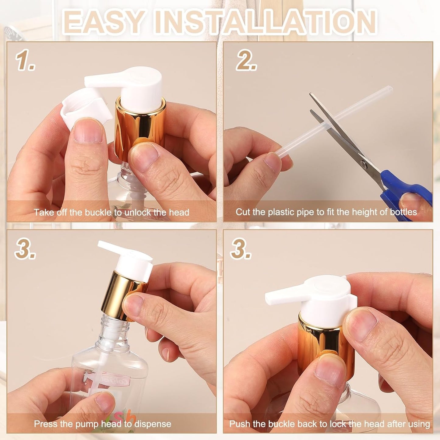 uxcell 4 Pcs Soap Dispenser Pump Heads, Hand Soap Dispensers Top Pumps Replacement Clip-on Pumphead for Standard 24/410 Neck Size Bathroom Lotion Shampoo Bottle, Gold Black