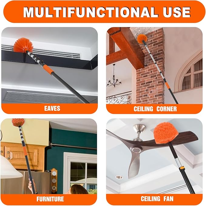36FT Reach Cobweb Duster with Extension Pole, High Ceiling Long Duster with 7-30FT Telescoping Pole, Spider Web Brush for Indoor Outdoor Use