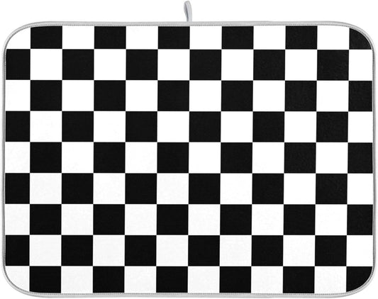 Black White Chessboard Dish Drying Mat for Kitchen Countertop 16x18 Plaid Checkered Rectangle Small Drying Mat Reusable Quick Dry Dish Sink Absorbent Mats Easy Clean Decorative Home Essentials
