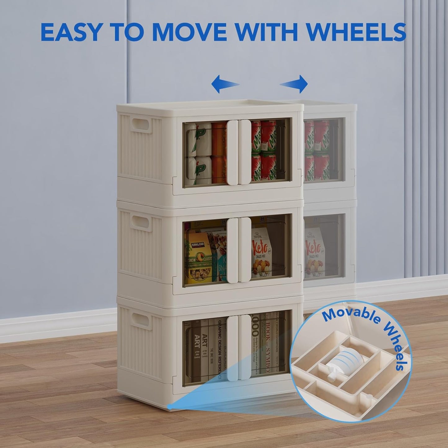 FLEXIMOUNTS 110 QT Stackable Storage Bins With Lids, Collapsible Plastic Storage Bins With Doors and Built-in Wheels For Home Dorm Closet Organizers and Storage, 3 Pack Cubes, Milky White