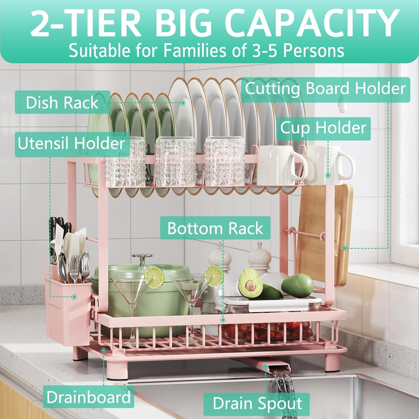 Multifunctional Dish Drying Rack - Rustproof, 2-Tier Dish Racks with Drainboard, Space-Saving Design, Utensil & Cup Holder for Kitchen Counter, Pink