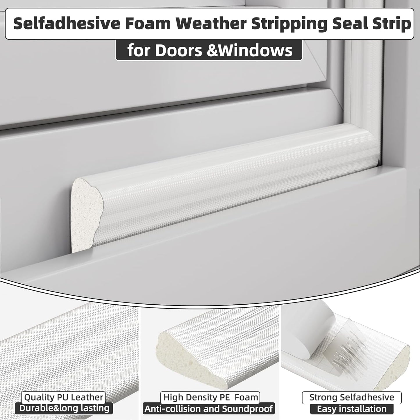 2 Pack*16.4 Ft Weather Stripping Seal Strip for Doors,Soundproofing Window Insulation Draft Stopper for Winter, Selfadhesive Foam Weather Strip for Door Frame,Door Gap Filler Noise Blocker(White)