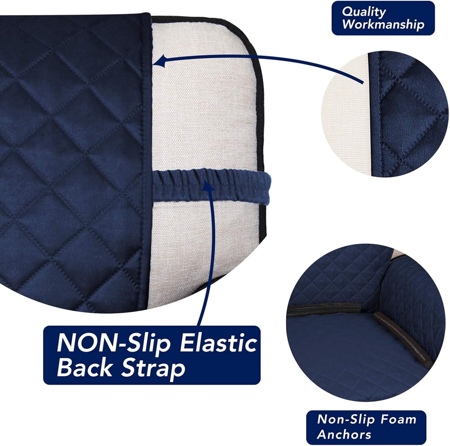 PureFit Reversible Quilted Sofa Cover, Water Resistant Slipcover Furniture Protector, Washable Couch Cover with Non Slip and Elastic Straps for Kids, Dogs, Pets (XX Large, Navy/Ivory)