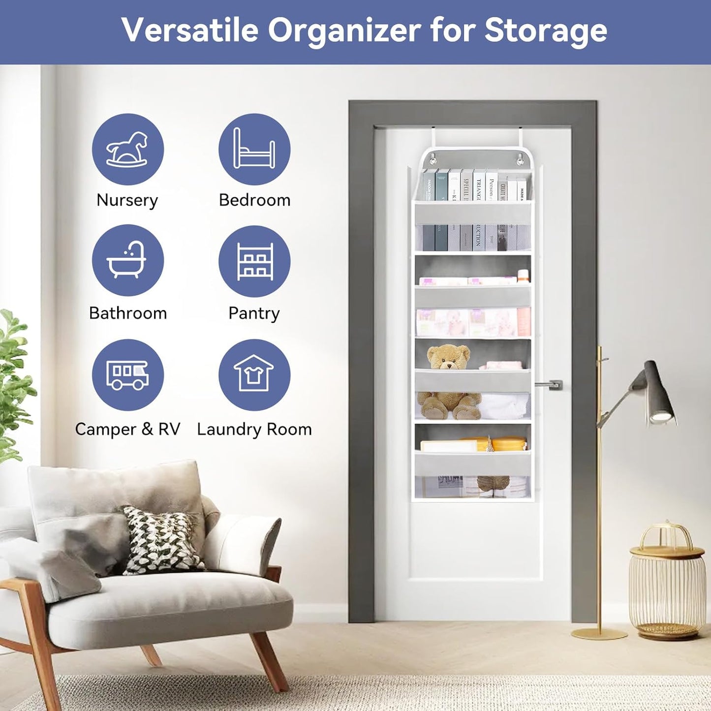 QINGUANG Over The Door Organizer,Hanging Organization And Storage, Behind Door Organizer with Side Pockets, 35 lbs Capacity,Anti Tilt, for Nursery, Bathroom, Bedroom,Dorm (4-Shelf)