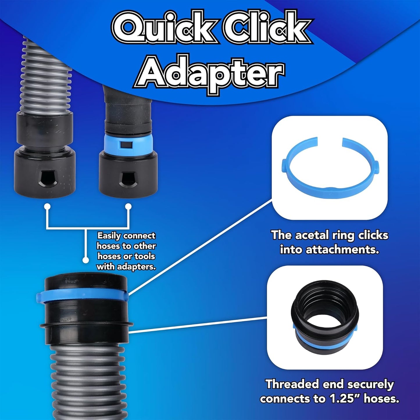 Cen-Tec Systems 94709 Quick Click 16 Ft. Hose for Home and Shop Vacuums with Expanded Multi-Brand Power Tool Adapter Set for Dust Collection
