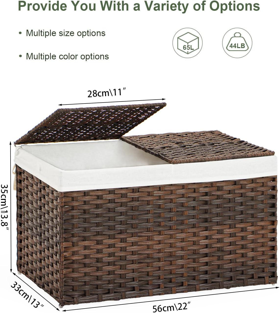 Storage Basket with Lid Rattan Woven Storage Baskets with 2 Separate Lids, 17.2 Gallon (65 L), 22 x 13 x 13.8 Inches,Foldable, 2 Removable Liner Bags Handles for Bedroom, Laundry Room Brown