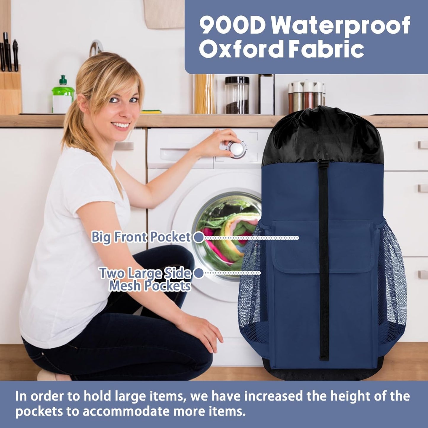 Laundry Backpack Bag, 132L Extra Large Heavy Duty Laundry Backpack for College Dorm Essentials, Laundry Hamper Travel Bag with Shoulder Straps and Mesh Wash Bags for Laundromat, Apartment Blue