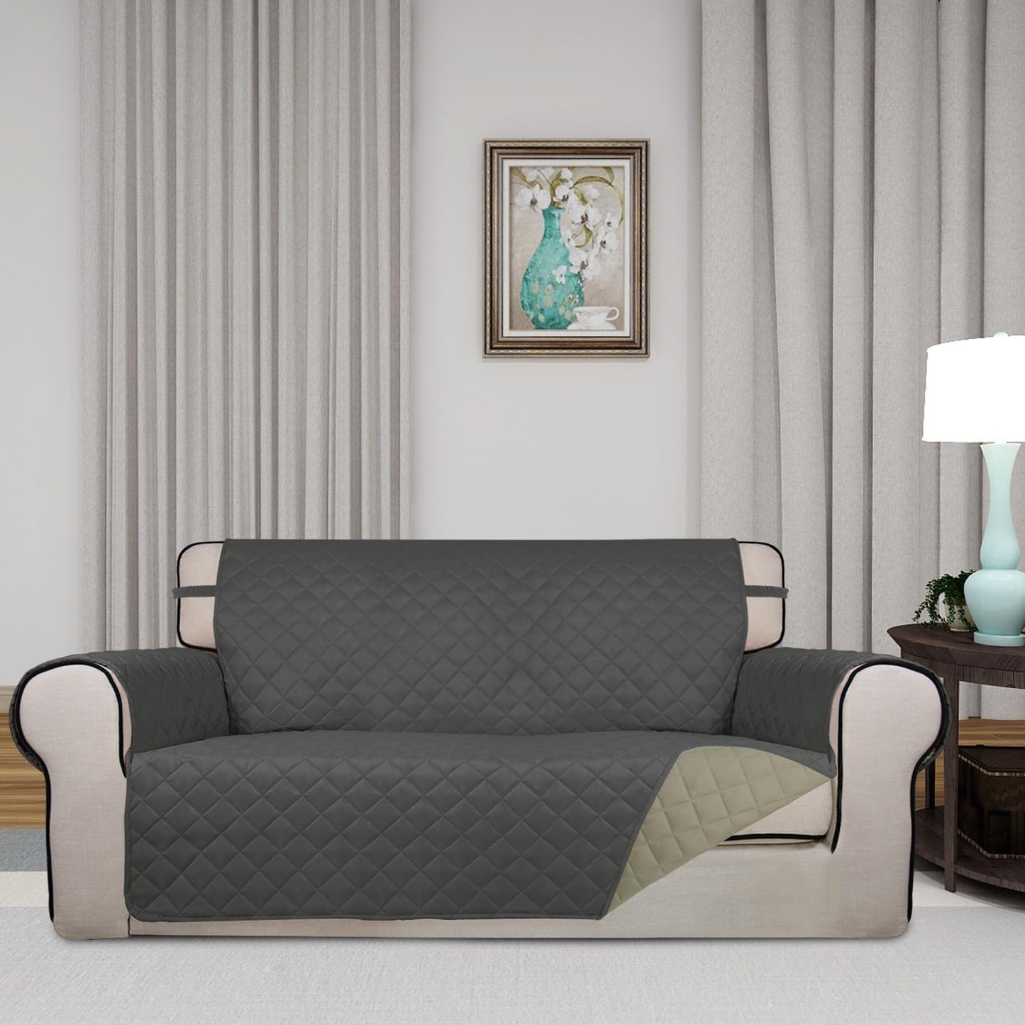 PureFit Reversible Quilted Sofa Cover, Water Resistant Slipcover Furniture Protector, Washable Couch Cover with Non Slip and Elastic Straps for Kids, Dogs, Pets (Oversized Loveseat, Dark Gray/Beige)