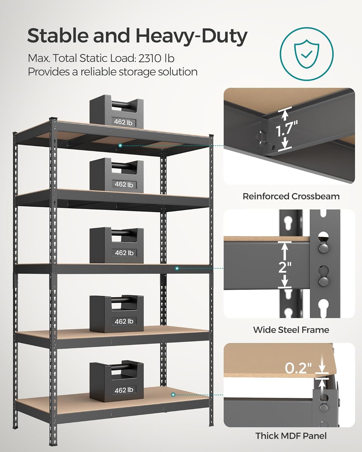 SONGMICS 5-Tier Storage Shelves, Load 2310 lb, Set of 2 Garage Storage, Boltless Assembly, Adjustable Shelving Unit, 23.6 x 47.2 x 70.9 Inches, for Study Shed Basement, Gray UGLR600G02
