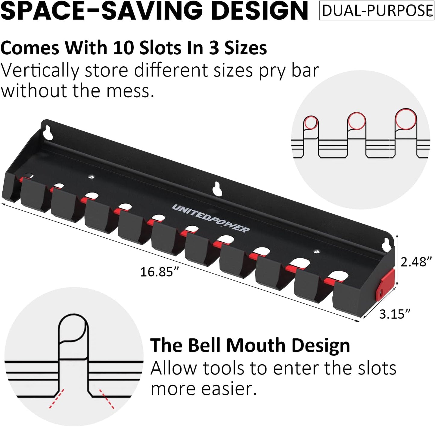 UNITEDPOWER Pry Bar Holder, Lockable Wall Mount Storage Rack Organizer for Workshop, Shed, Garage, Home, Stores up to 10 13 Tools or Extensions