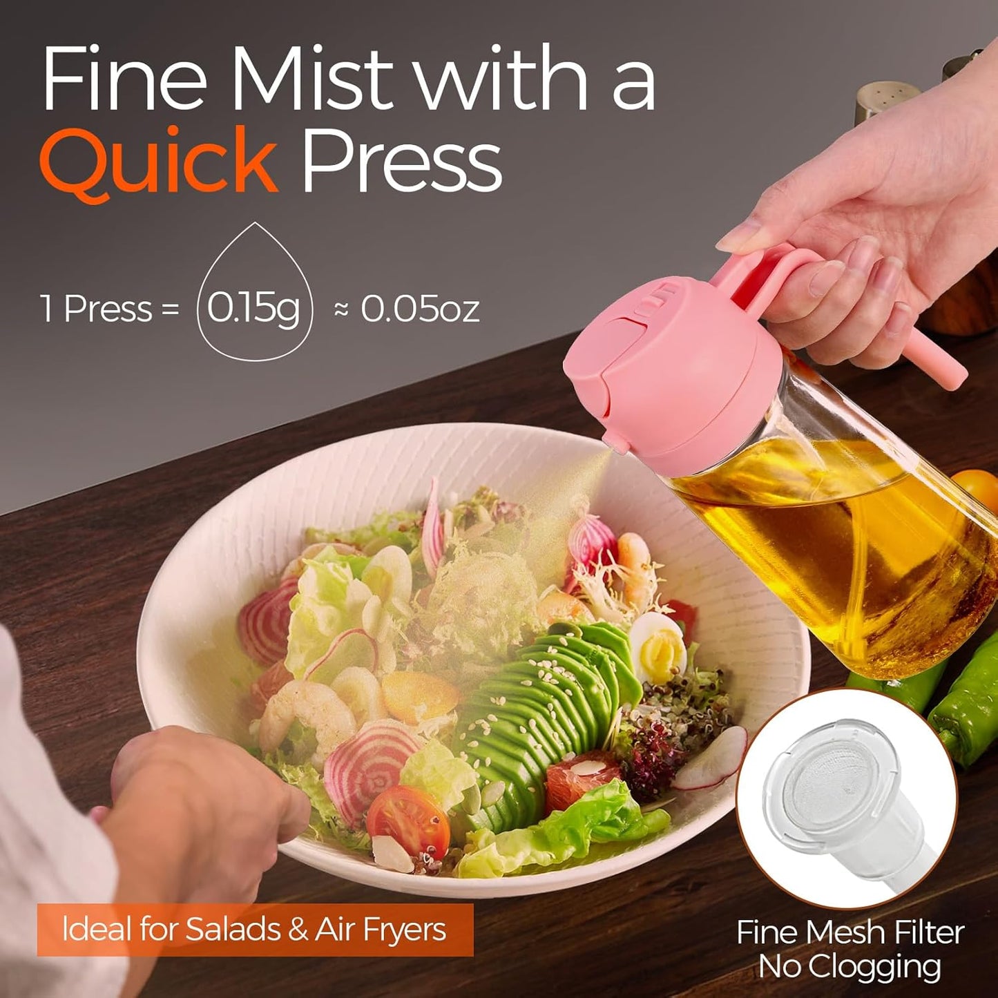 YARRAMATE 16oz/470ml Oil Sprayer for Cooking with Stickers, Food-grade Premium 2 in 1 Olive Oil Dispenser Bottle for Kitchen Gadgets, Air Fryer, Salad, Frying, BBQ (Pink)