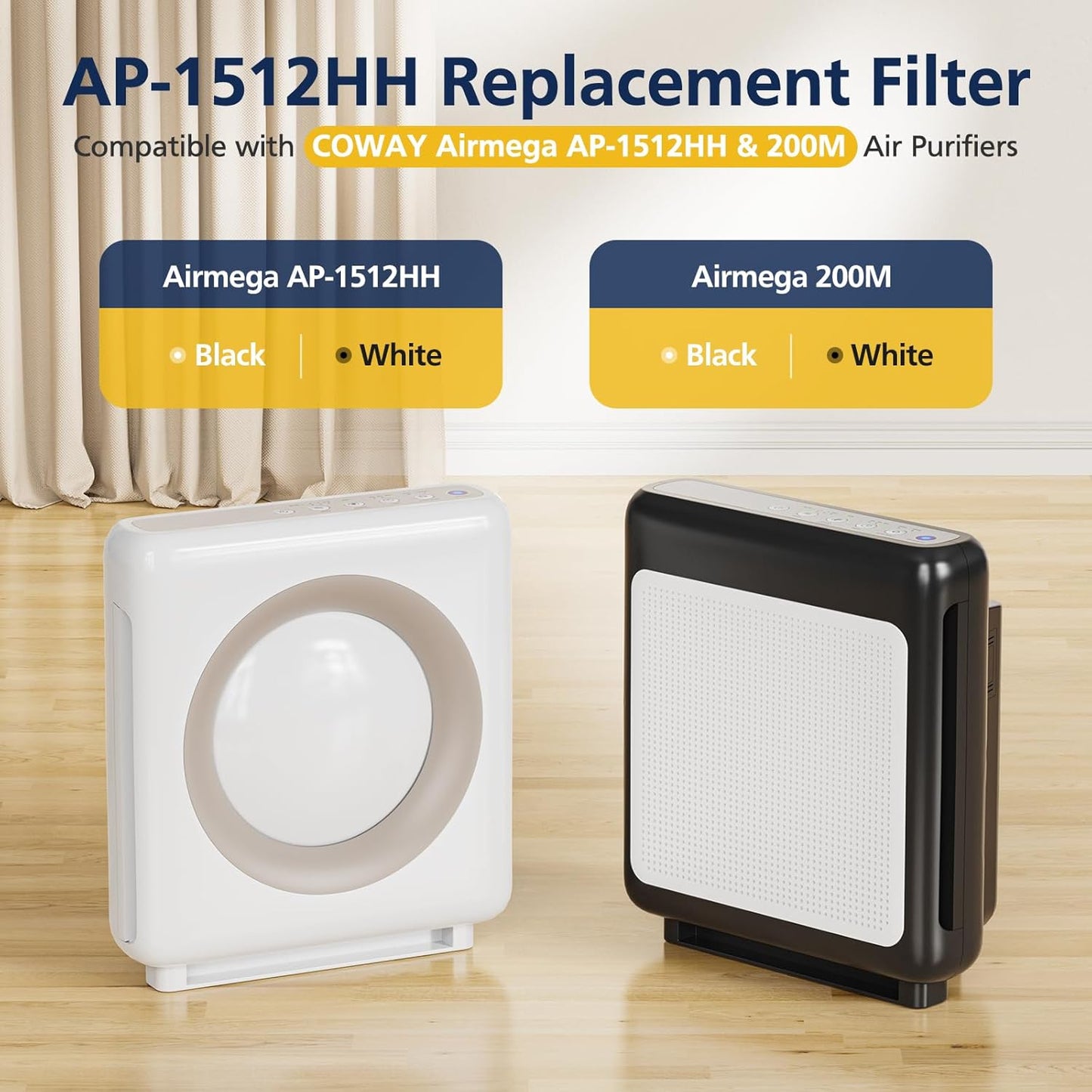 AP-1512HH & 200M Intense Smoke Filter Set for Coway Airmega AP-1512HH and Airmega 200M Air Purifi-ers, 2 Intense Smoke Deodorization Filters and 1 HEPA Filter, 3 Pack, Black