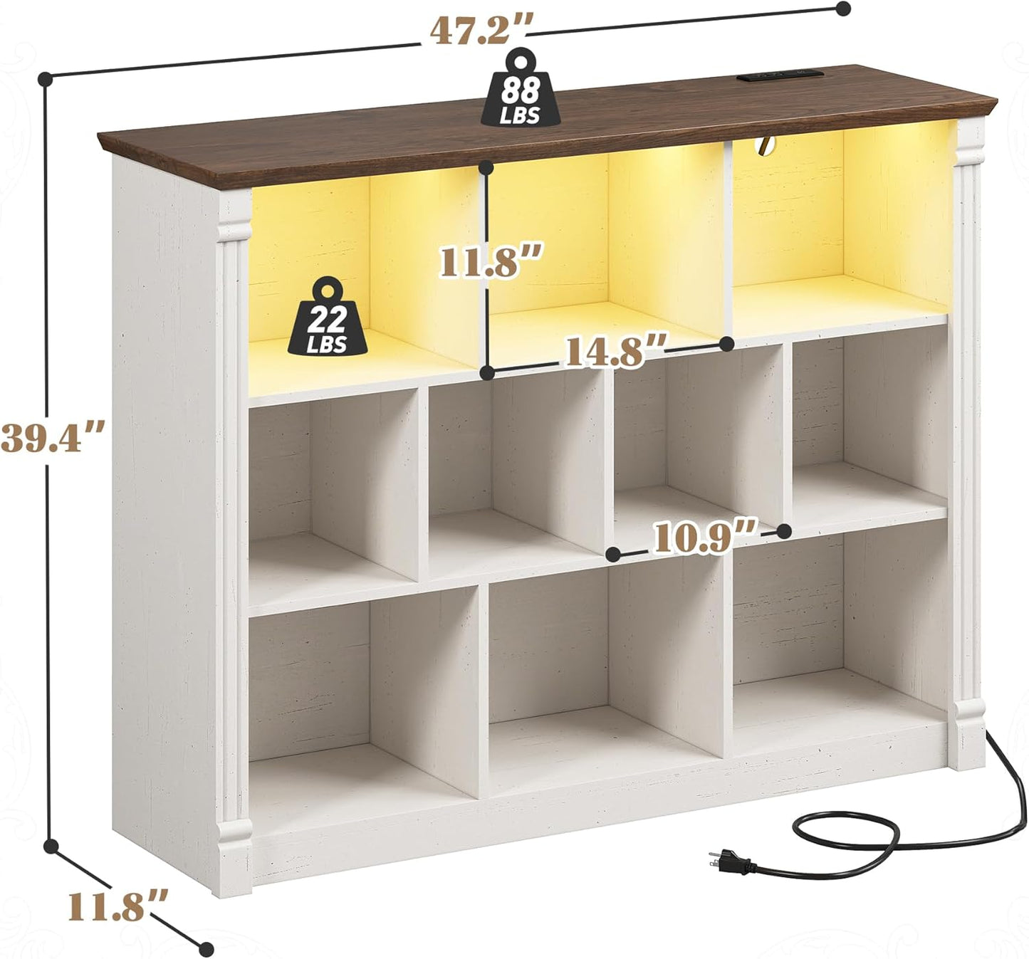 EnHomee 10 Cube Storage Organizer with LED Light and Charging Station Wood Cube Shelf White Bookshelf for Bedroom Living Room,Office,White