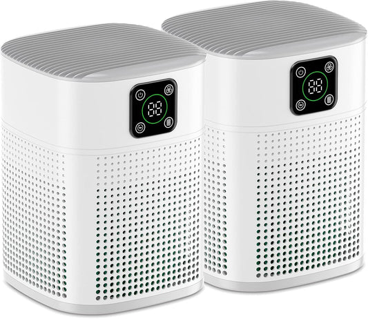 2 Pack Air Purifiers for Home Bedroom up to 650ft², Honeyuan H13 HEPA Air purifier with 360°Air Intake, 3 Fan Speeds, White
