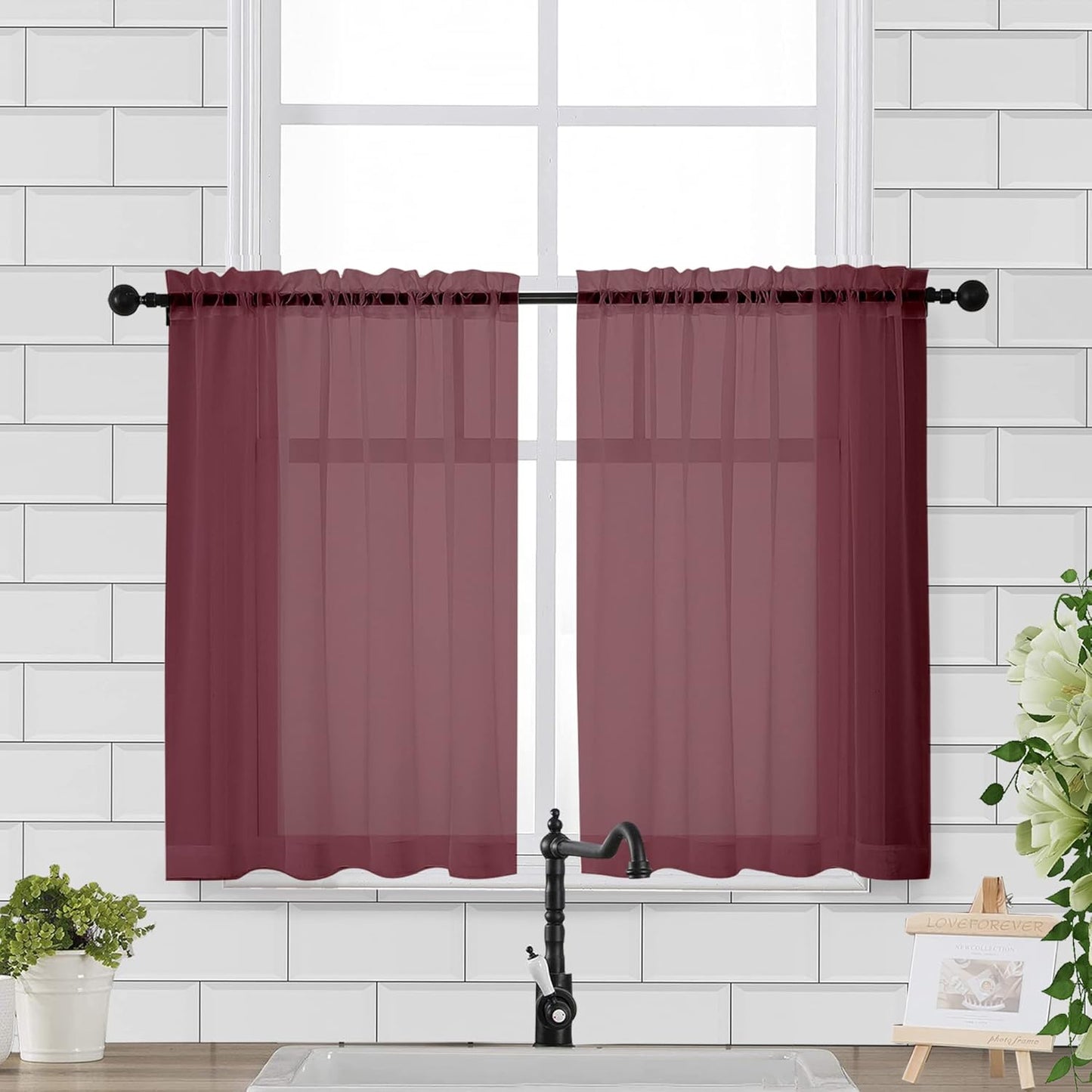 Chyhomenyc Sheer Curtains 36 Inch Length, Short Voile Sheer Window Curtians for Small Window Bathroom Cafe Living Room Farmhouse, 2PCS, 42W x 36L inches, Rod Pocket, Burgundy