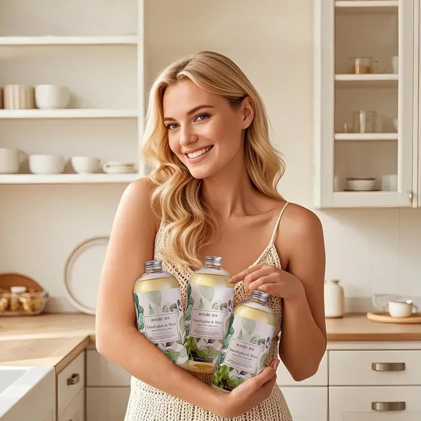 ROMIIE ZOI Eucalyptus & Mint Liquid Hand Soap Refill, Gentle & Moisturizing Formula, Natural Cruelty-Free Soap, Large 750 ML Bottles Bulk for Kitchen, Bathroom, and Dispensers (26 FL OZ, Pack of 3)