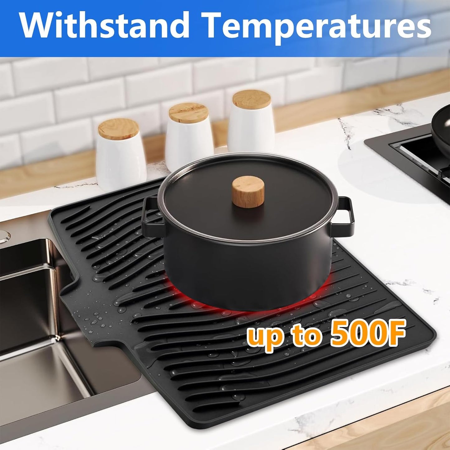 Silicone Dish Drying Mat for Kitchen Counter, Dish Drainer Mat, Non-Slip Drying Pad with Built-in Drain, Kitchen Drying Matt For Counter(18.9" x 11.8", Black)