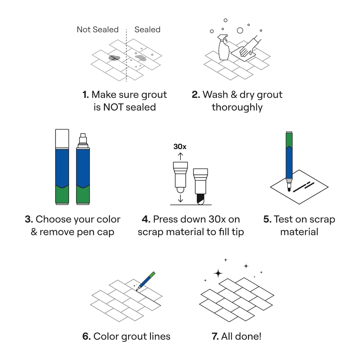 Grout Pen Dark Grey Tile Paint Marker: Waterproof Grout Paint, Tile Grout Colorant and Sealer Pen - Narrow 5mm, 2 Pack with Extra Tips (7mL) - Dark Grey