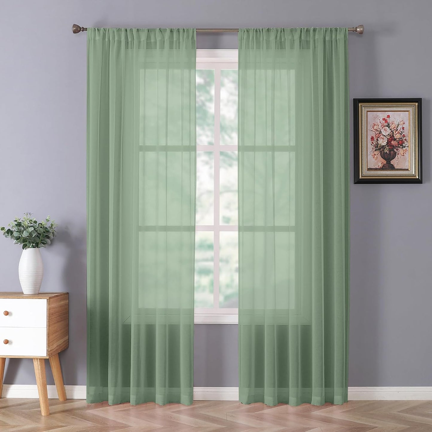 Tollpiz Sheer Curtain Linen Textured Living Room Curtains Sheer Light Filtering Rod Pocket Voile Curtain for Bedroom, 54 x 72 inches Long, Sage Green, Set of 2 Panels