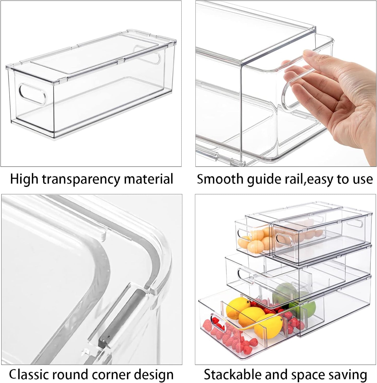 MineSign 4 pack Stackable Refrigerator Organizer Bins Pull-Out Drawers for Fruit and Veggies Storage Organizer for Fridge Clear Drawer Containers with Handle Divided Organization for Produce Saver