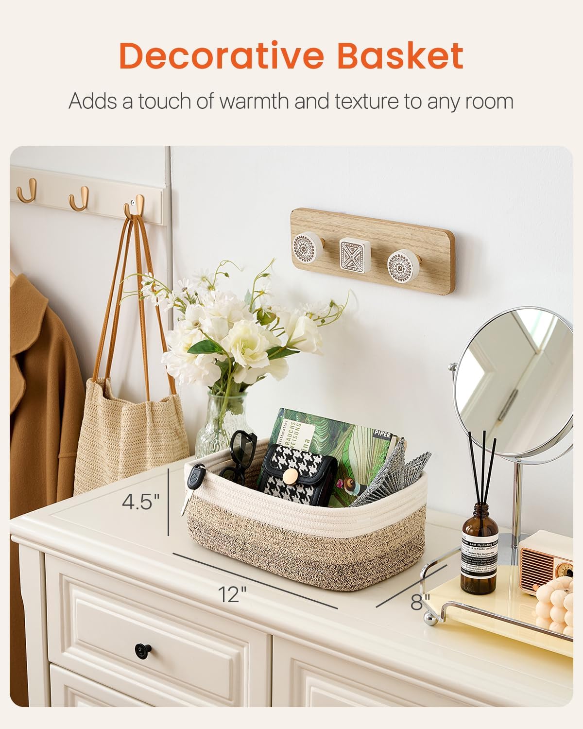 Small Woven Basket, 12 x 8 x 4.5 Inches, Storage Basket for Organizing, Cute Small Rope Shelf Closet Cube Storage Bins Baskets for Shelves, Dog Toy Gift Baskets Empty, 3 Pack Gradient Brown