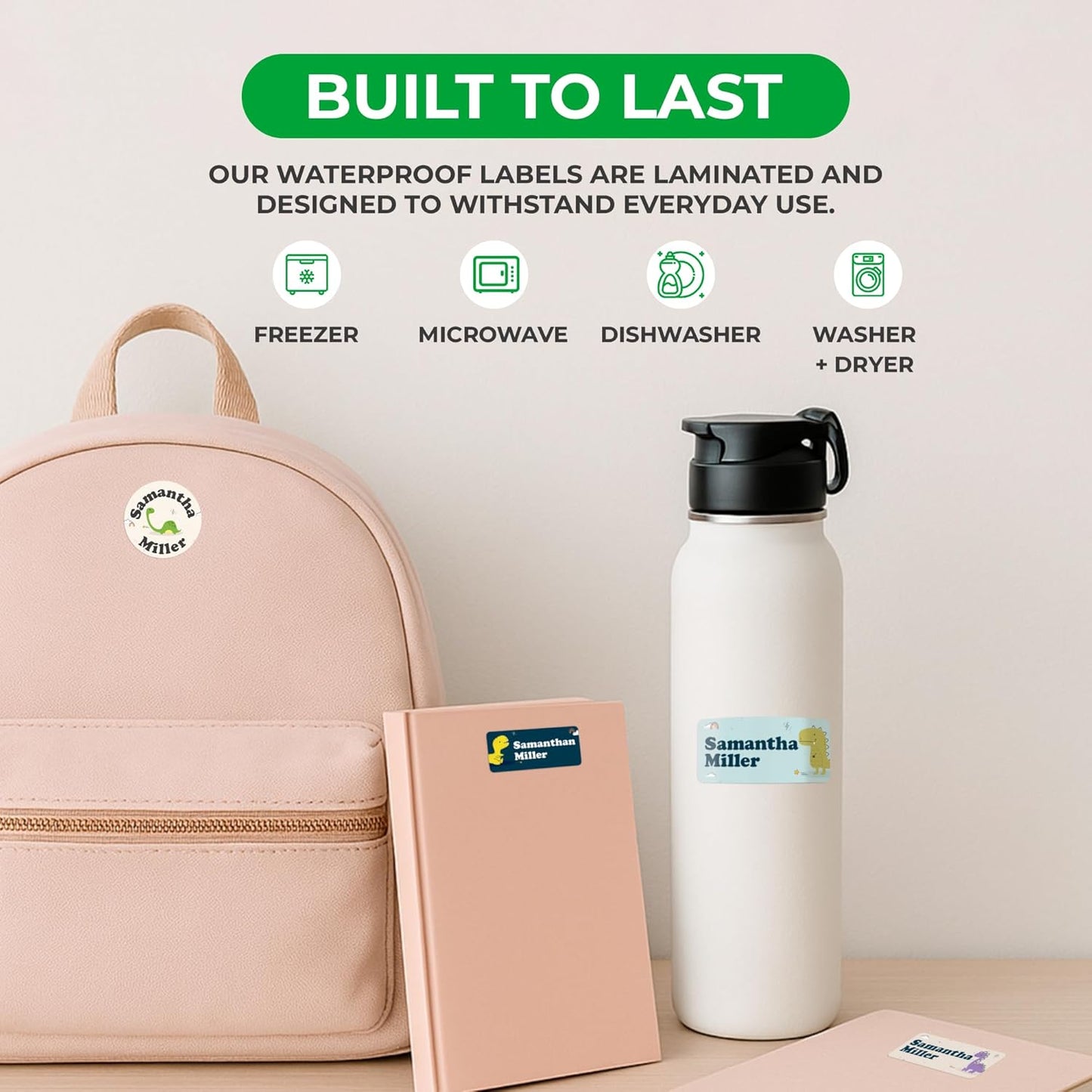 Personalized Name Tag Stickers for Kids (130+ Pack) | Dinosaur Waterproof Labels for School Supplies, Bottles & Lunch Boxes | Custom Vinyl Name Labels for Clothing, Toys & More (A. Baby Dinosaur)