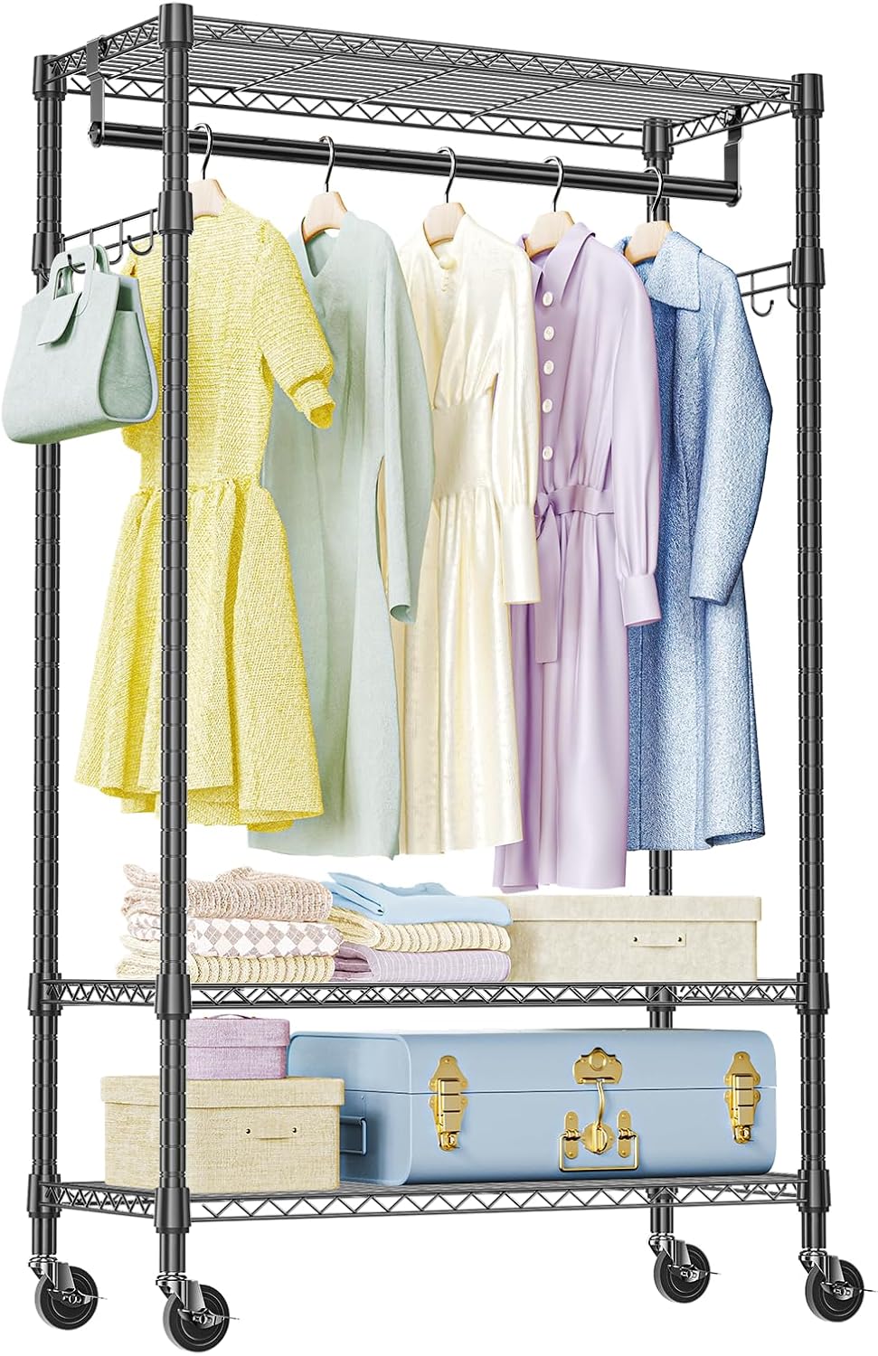 IZEUK Heavy Duty Rolling Garment Rack with 3 Adjustable Wire Shelves, Hanging Rod & Side Hooks - Mobile Clothes Rack with Wheels, 29.5" W x 15.7" D x 75" H, Black