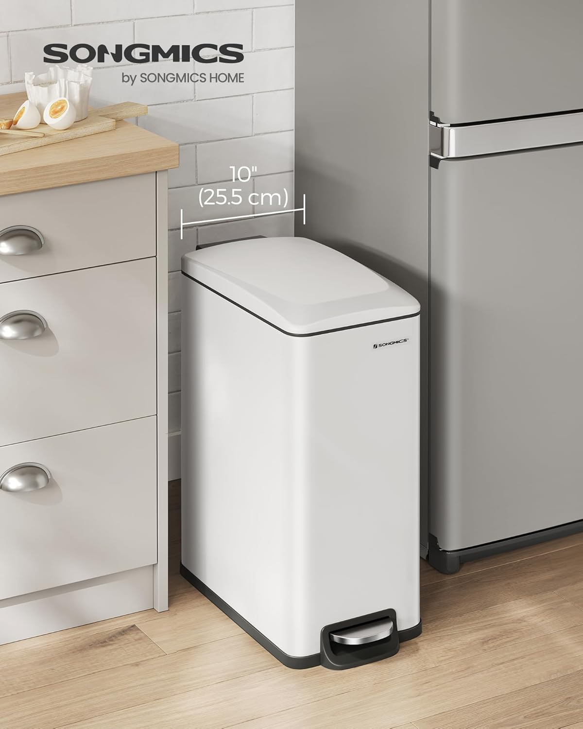 SONGMICS Slim Trash Can, 13-Gallon (50 L) Garbage Can for Narrow Spaces with Soft-Close Lid, Inner Bucket, and Step-on Pedal, Stainless Steel, 15 Trash Bags Included, White ULTB510W48