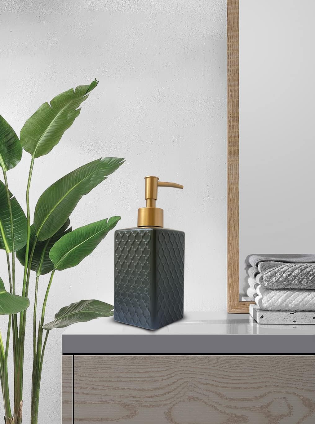 Gold Soap Dispenser for Bathroom,Retro Black Square Lotion Dispenser, Refillable Countertop Ceramic Hand Soap Dispenser,Dish Soap Dispenser for Kitchen 350ml