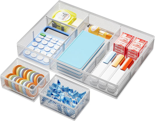 Marbrasse 3 Packs White Desk Drawer Organizers,Drawer Organizer Tray with 9 Adjustable Compartments,Junk Drawer for Makeup & Vanity, Office Desk Supplies and Accessories（White）