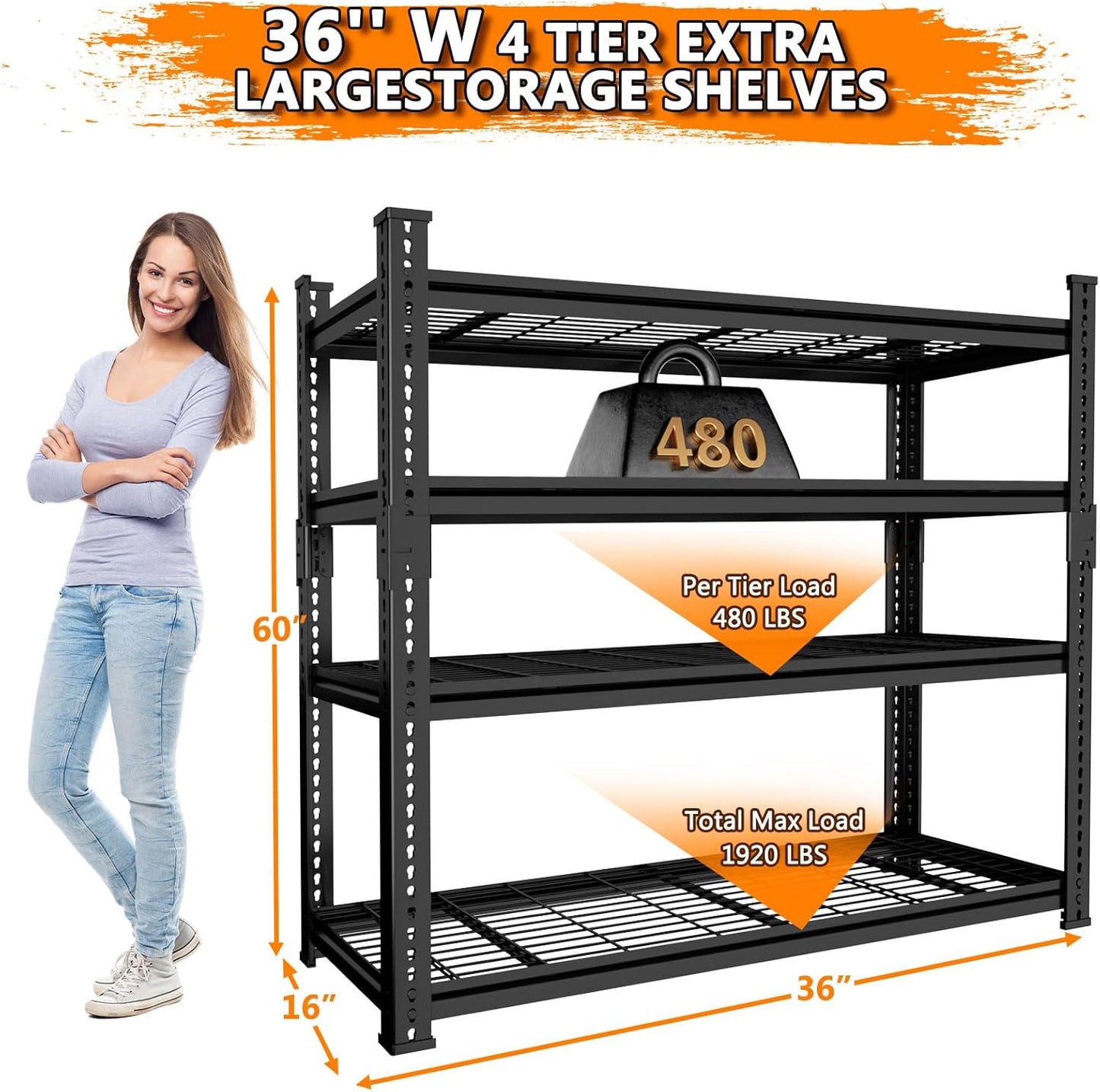 Storage Shelves Heavy Duty 2 PCS, 36"L x 16"W x 60"H Garage Wire Shelving Unit Loads 1920LBS, 4-tier Adjustable Metal Industrial Utility Shelf Rack for Kitchen, Laundry, Pantry, Warehouse, Basement
