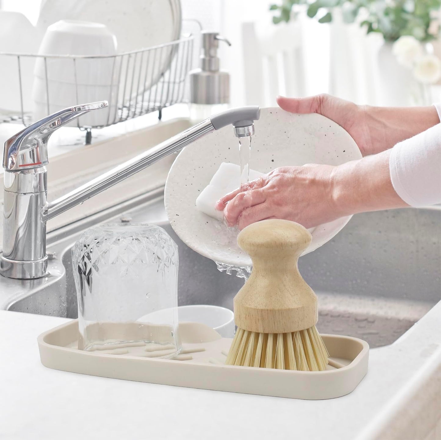 YASMEN Silicone Bathroom Soap Dishes, Sink Sponge Holder for Kitchen, Rubber Soap Dish with Drain, Shower Soap Sponge Tray, Sink or Counter Organizer, for Bar Soap, Bottle, Dish Soap Dispenser-Tapioca