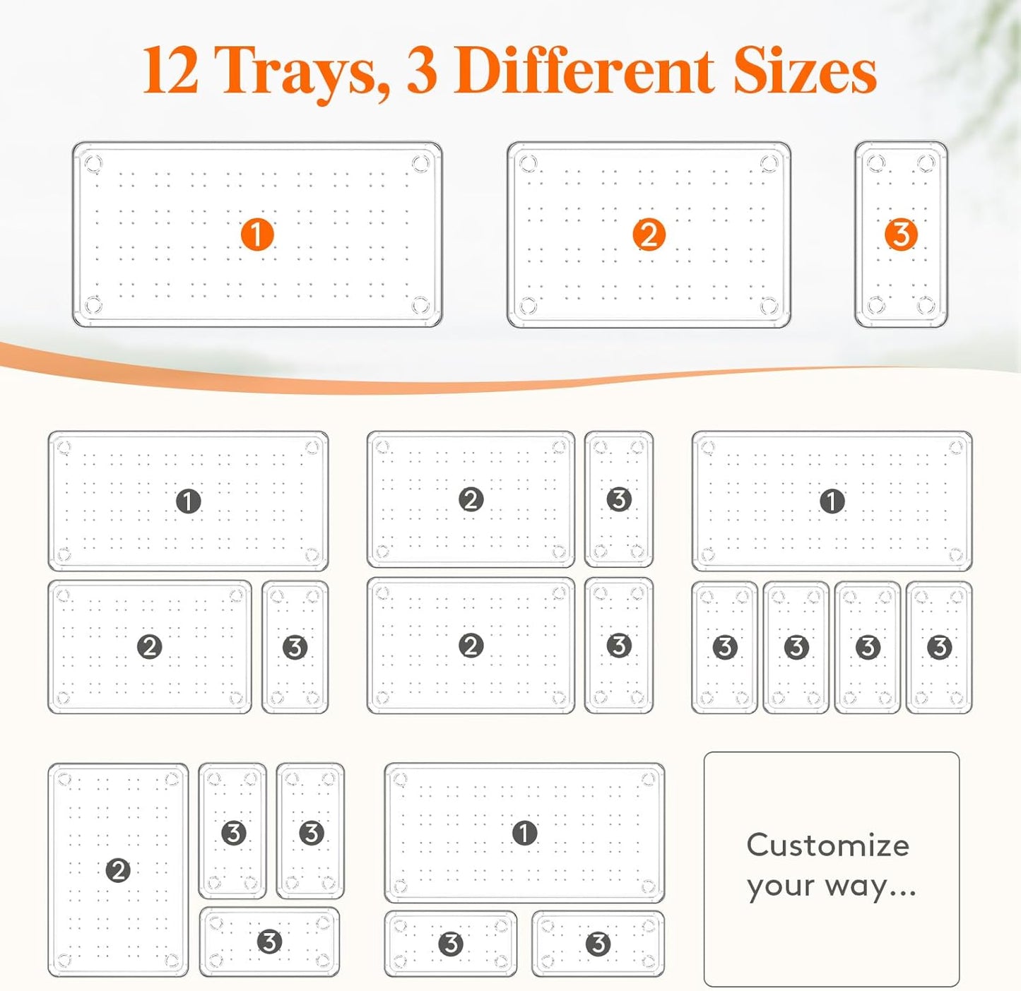 Lifewit 12 Pcs Large Bathroom Drawer Organizers, 3 Sizes Clear Plastic Storage Organizer Trays for Make Up, Kitchen Utensils, Vanity Accessories in Bathroom/Office/Dresser Organization