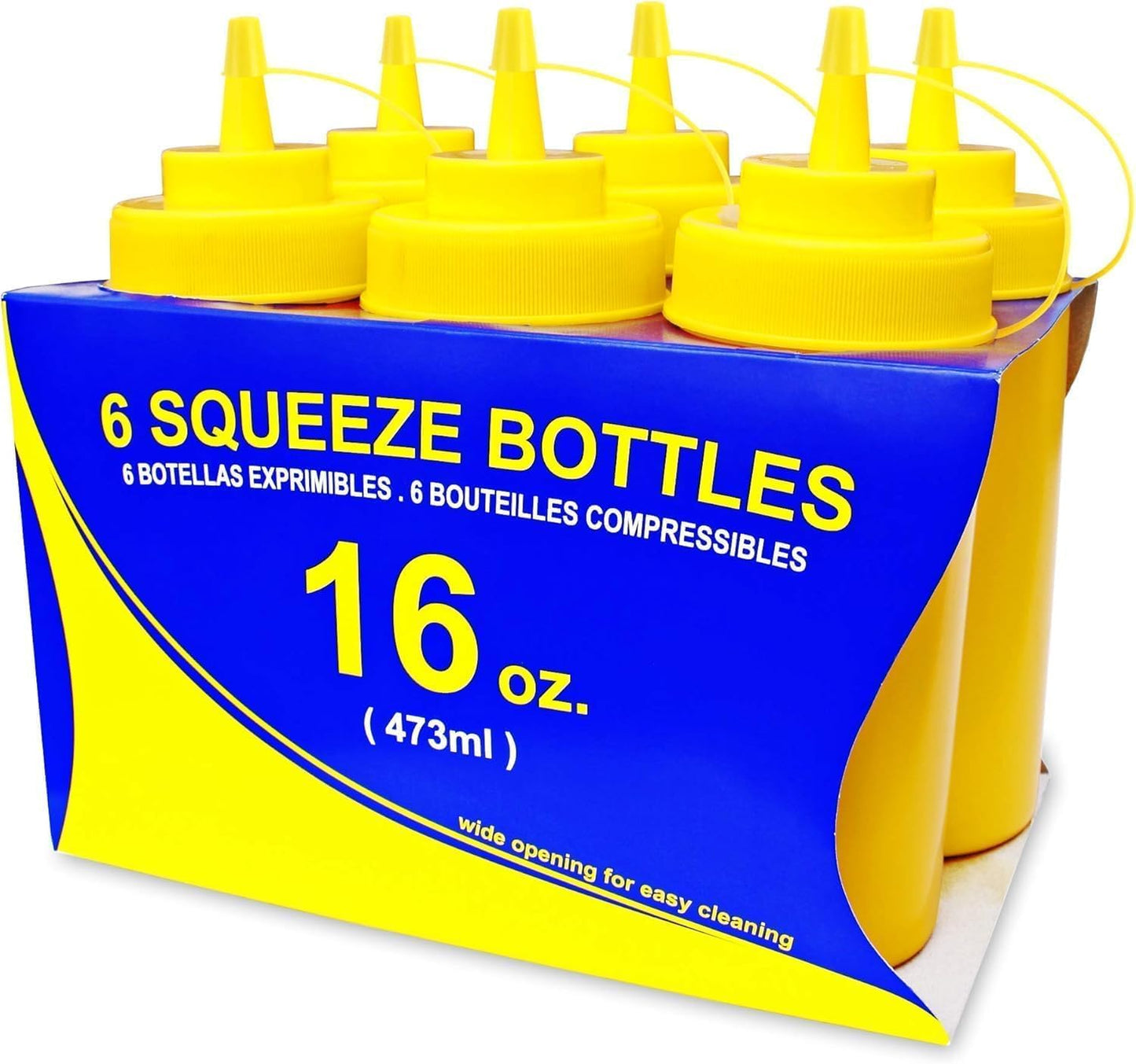 New Star Foodservice 26528 Plastic Squeeze Bottles with Cap and Scale, Wide Mouth, 16 oz, Yellow, Pack of 6