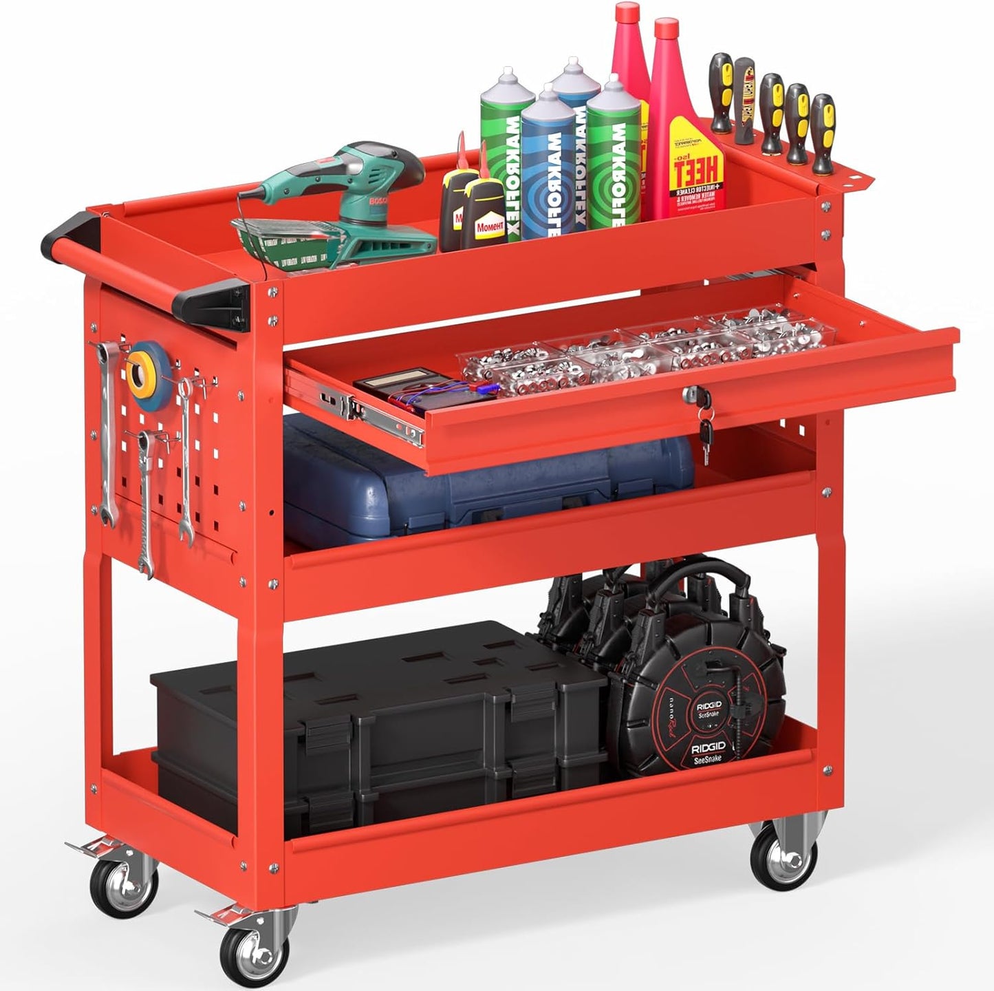 3 Tier Rolling Tool Cart on Wheels, Heavy Duty Service Cart Industrial Utility Cart with Drawer and Screwdriver Rack Pegboard, 550 LBS Mobile Tool Storage Organizer for Garage, Workshop (Red)