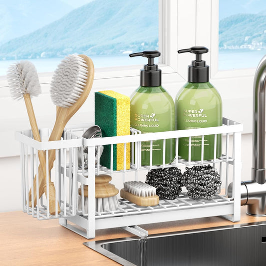 Sponge Holder for Kitchen Sink, 2 Tier Sink Caddy Organizer Countertop with Dish Brush Holder and 360° Drain Tray, Rustproof Stainless Steel Dish Soap Storage Rack Set for Accessories White