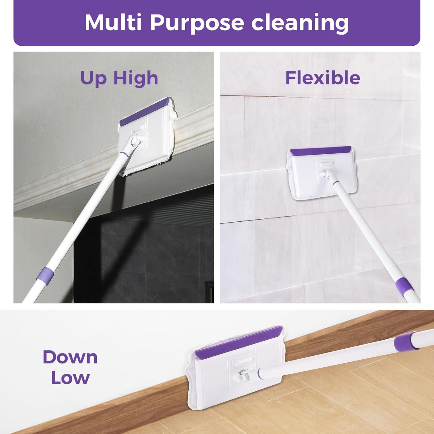 Baseboard Cleaner Tool with Handle 2.0, 60" Extendable Long Handle, Dust Trapping and Locking, 5 Reusable Pads, Purple Base Boards Cleaning Tool for Moldings, Wall, Floor, Bathroom, Kitchen