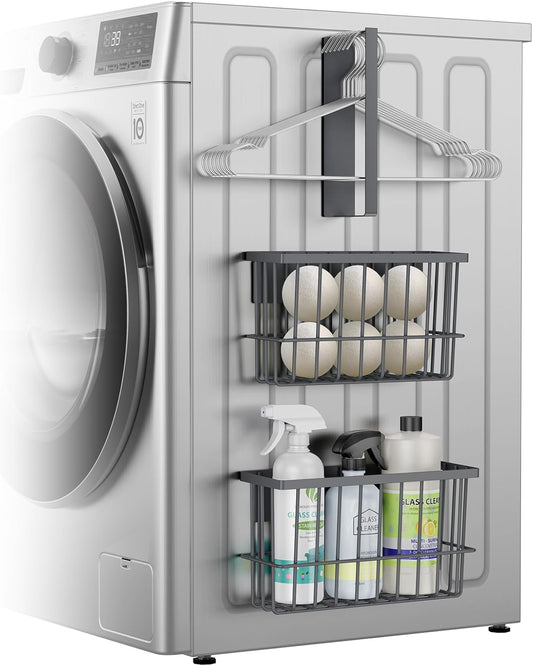 Magnetic Dryer Ball Holder and Magnetic Hanger Holder for Laundry Room Organization and Storage, Magnetic Lint Bin for Laundry Room, Iron Basket Dryer Ball Container for Laundry Room Storage (Gray)