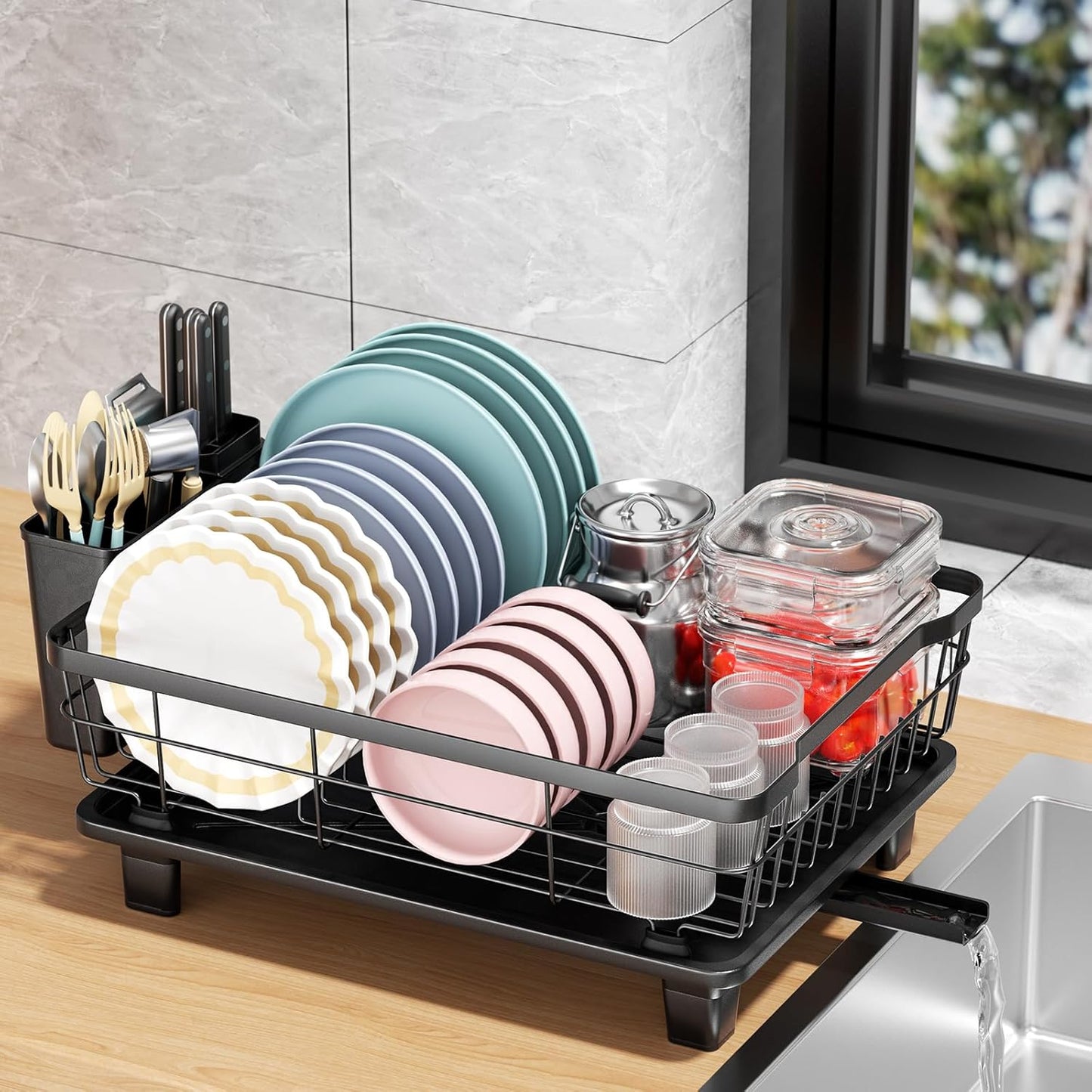 Dish Drying Rack with Drainboard for Kitchen Counter, Large Capacity Durable Rustproof Stainless Steel Dish Drainer Rack with Removable Flatware Caddy -Black